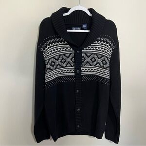 Chaps Mens Black and White Fair Isle Shawl Collar Cardigan Sweater size medium
